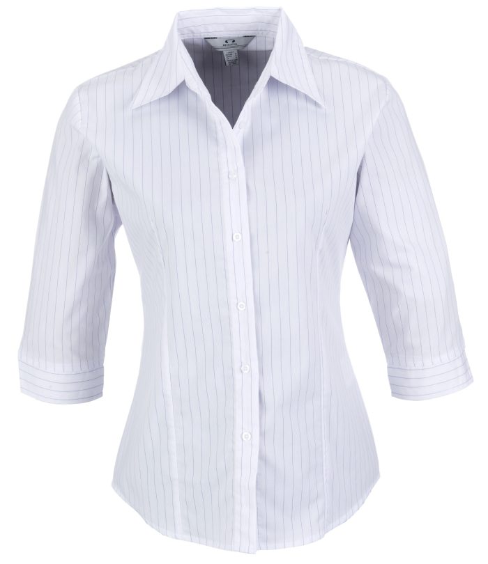 Ladies 3/4 Sleeve Manhattan Striped Shirt  - White Navy